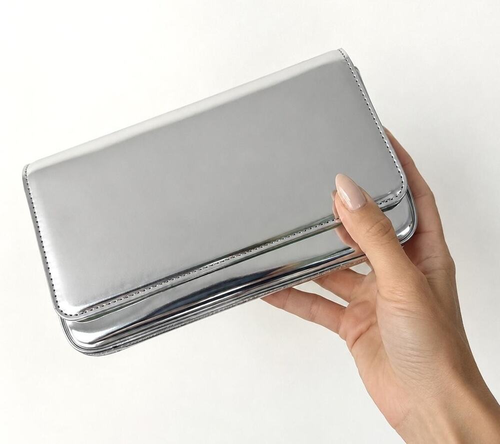 Edie Parker Clutch Bag Womens Small Silver Patent Leather Green Lining Evening